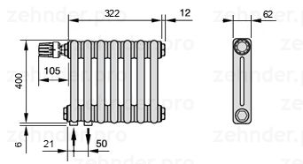 Схема (чертеж) Радиатор Zehnder Charleston 2040/7 №V001 Белый глянцевый RAL 9016